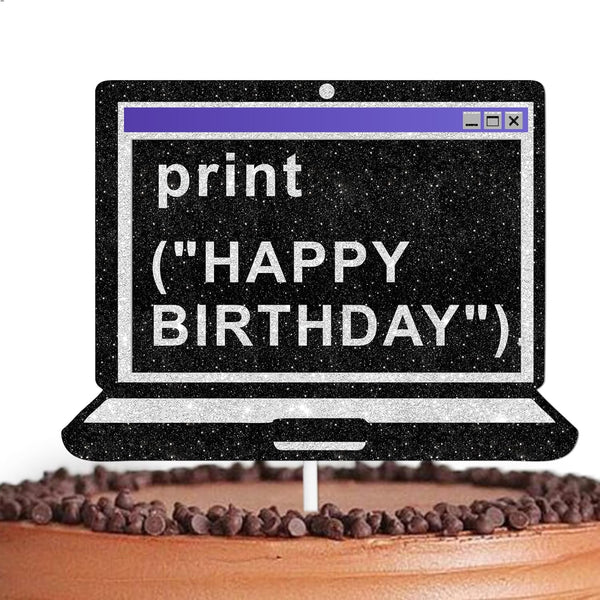 Black Glitter Print Computer Cake Topper, IT Theme Decor Supplies for Boys Girls Birthday Party