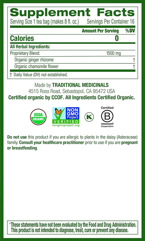(Pack 3) 48 Traditional Medicinals Organic Ginger & Chamomile Herbal Tea, Relieves Occasional Indigestion or Nausea