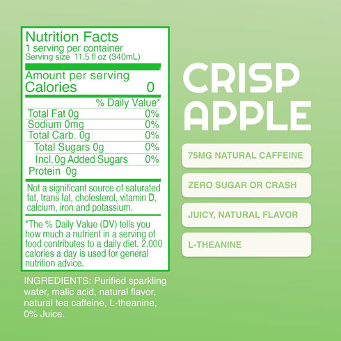 75mg 11.5 oz (Pack 12) PHOCUS Caffeinated Sparkling Water, Crisp Apple, Natural Caffeine Plus L-Theanine, Zero Sugar