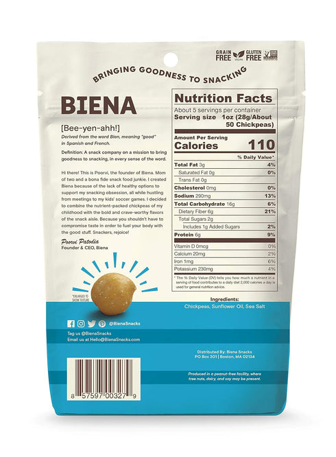5 oz. (Pack 2) BIENA Chickpea Snacks, Sea Salt | Gluten Free | Vegan | Dairy Free | Plant Based Protein (Single Bag)