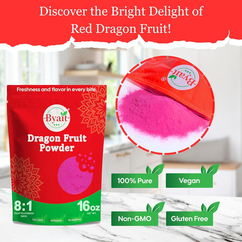 16 Oz, Byait Freeze Dried Dragon Fruit Powder Fine Pitaya Powder for Food Coloring, Baking, Smoothies, Drinks, Ice