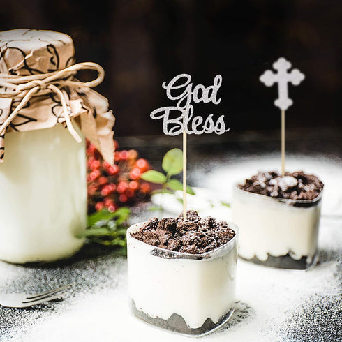 Ercadio 24 PCS Silver Glitter God Bless and Baptism Cupcake Toppers, Cross Cupcake Picks, Christian Party Supplies