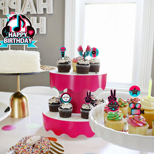 25Pcs Tik Happy Birthday Cake Toppers - Musical Tik Cupcake Toppers for Girl's Karaoke Themed Party Supplies, Music