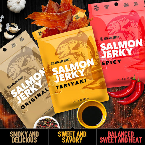 Omega-3, 3-Pack Kaimana Jerky Wild Caught Salmon Jerky - Organic Dried Fish Strips Rich in Protein - Low-Calorie
