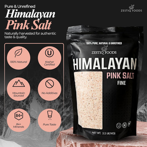 2.2 lbs Zestiq Foods Himalayan Pink Rock Salt - Raw Unrefined Mineral-Rich, No Additives, Colors Kosher, Non-GMO, Fine