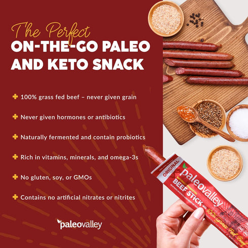 100% Paleovalley Grass Fed Original Beef Sticks - Delicious Gluten Free Beef Snack - High Protein Keto Friendly