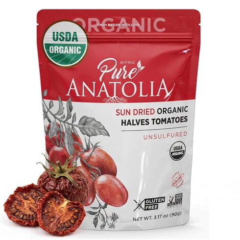Pure Anatolia Organic Sun-Dried Tomatoes Halves Cut Dry Packed, No Oil Added,