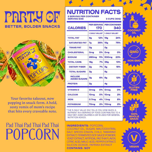 12 Pack Party of Pad Thai Popcorn Flavored Gluten-Free Snack Made from Veggie Ingredients, Individually Wrapped, Salted