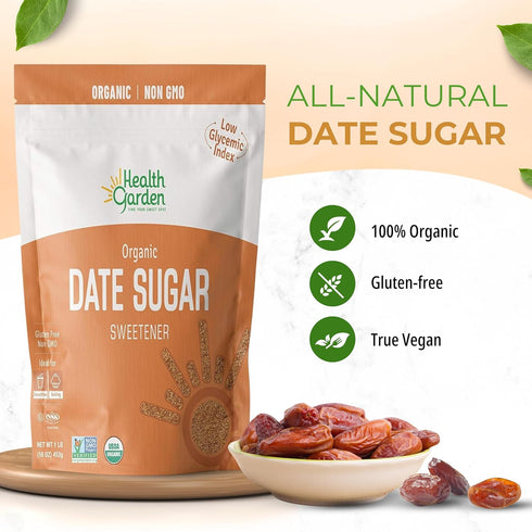 (16 OZ), (1 LB pack 1) Health Garden Date Sugar Organic Date Sugar Sweetener, All-Natural Dried Ground Dates, Rich