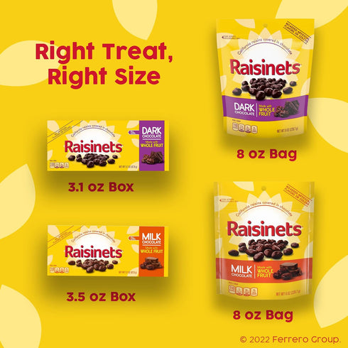 8.0 oz 8 pack Raisinets, Milk Chocolate Covered California Raisins, Resealable Bag, Bulk