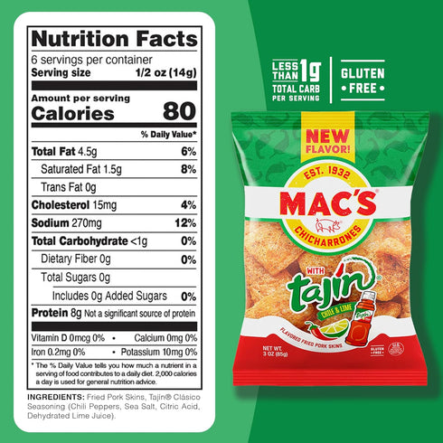3oz (12-Pack) Mac's Tajin Chili Lime Fried Pork Skins - Tajin Chili Lime Flavored Chicharrones Pork Rinds - Low Carb