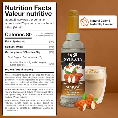 25.4 oz, Syruvia Almond Syrup, Natural Flavors, Syrup for Drinks, Lattes, and Desserts fl With Pump