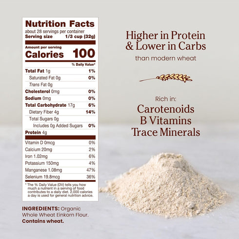 32 Oz, 2 Pack Jovial Organic Einkorn Whole Wheat Flour - Bread Baking Flour for Sourdough, High Protein, Non-GMO, Use