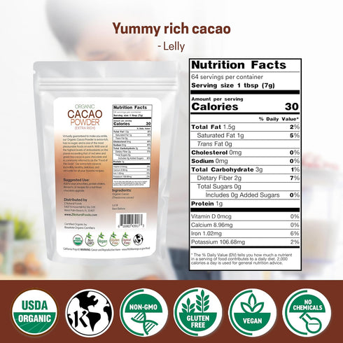 1 lb Z Natural Foods Organic Cacao Powder - Unsweetened Nutrient-Dense Superfood for Healthy Aging - Extra-Rich Dark