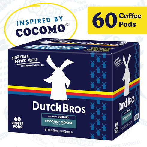 60 Count, Dutch Bros Coconut Mocha Flavored Coffee inspired by Cocomo, Medium Roast, Single Serve Coffee Pods