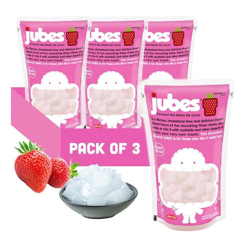 (12.7 oz, Pack 3) Jubes Strawberry Nata De Coco Jelly Cubes of - Strawberry Coconut Jelly Cubes for Sago - Coconut Gel