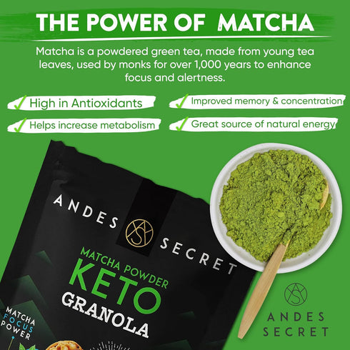 11 oz (1 Pack) Andes Secret Matcha Powder Granola - Almonds, Hazelnuts - Keto High Protein Granola with No Sugar, Grain