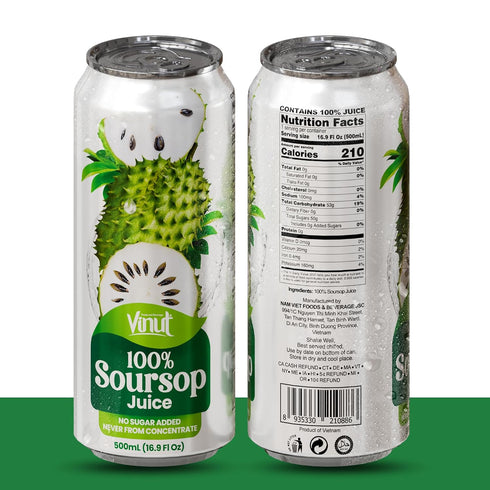 100% 16.9 oz (500 mL) Pack 24 VINUT Soursop Juice, No Added Sugar, Not From Concentrate, fl Can