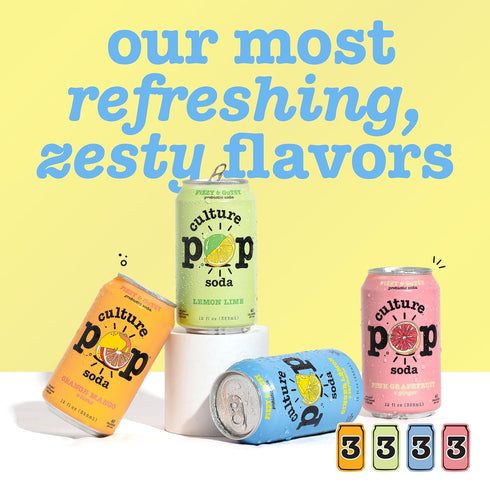 Pack, (Multipack, 12ct, 144 oz) Culture Pop Soda, Zesty & Tarty Variety Probiotic Low Sugar Soda, Sparkling Juice