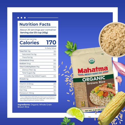 2-Pound 20 1 Mahatma Organic Brown Rice, Bag of Rice, Microwave Rice in Minutes or Cook on Stovetop in Hour