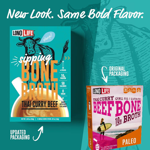 LonoLife Thai Curry Beef Bone Broth Powder Mix, Grass-Fed, 10g Protein, 10 Portable Stick Pack Servings