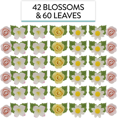 Summer 42 Count 60 Global Sugar Art Blossom, Roses and Leaves Edible Sugar Cake & Cupcake Flowers, Assorted Colors
