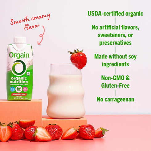 16g 20 11 Oz (12 Pack) Orgain Organic Nutritional Protein Shake, Strawberries & Cream - Grass Fed Whey Protein, Meal