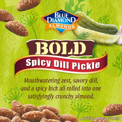 (1.5 Oz. Pack 12) Blue Diamond Almonds, Bold Spicy Dill Pickle Flavored Snack Nuts, Single Serve Bags Tubes