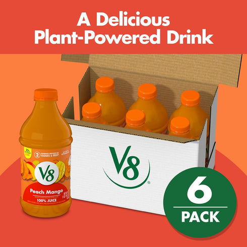 V8 100% 46 oz (6 Pack) Peach Mango Fruit and Vegetable Juice, fl Bottle