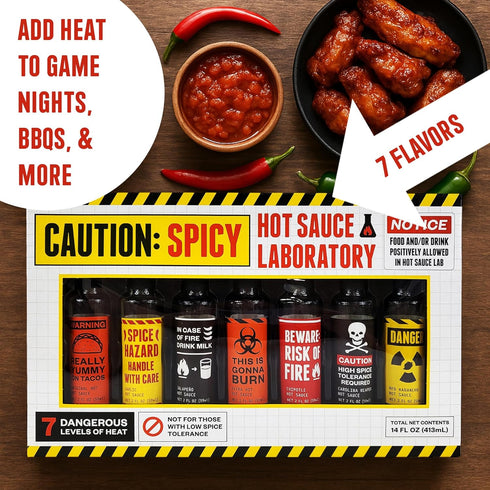 7pk Set Caution Hot Sauce Laboratory Assorted Spicy Flavors with Garlic, Jalapeo, Chipotle, Carolina Reaper & Habanero