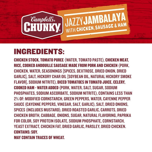 16.1 oz (Pack 5) Campbells Chunky Soup, Jazzy Jambalaya with Chicken, Sausage and Ham Soup, Can