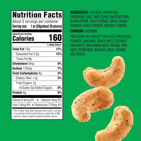 (1-Pack) 5 Oz Emerald Nuts Salt and Pepper Seasoned Cashews | Resealable Bag | Kosher Certified, Non-GMO, Contains No