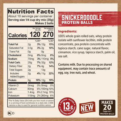 100% (Pack 6) Kodiak Cakes Oatmeal Protein Ball Mix, Snickerdoodle, High Protein, Whole Grains