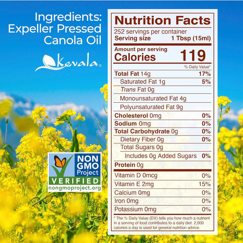 128 oz, 1 Kevala Canola Oil - Delicate Oil for Cooking and Baking with Mild Scent and Flavor, Made with Carefully