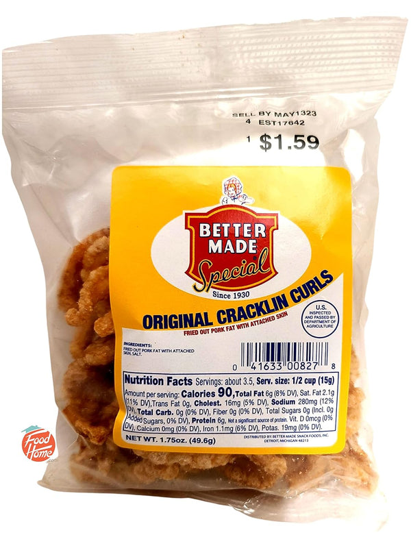 Better Made Special original cracklin curls, fried out pork fat with attached