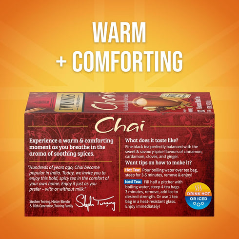 20 Count (Pack 1), 20 Twinings Chai Black Tea Individually Wrapped Bags, of Sweet, Savoury Spices, Caffeinated, Enjoy