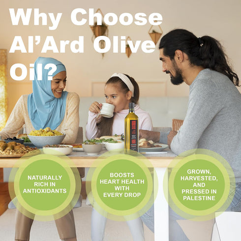 750ml 25.33 Oz Al'Ard Palestinian Extra Virgin Olive Oil, Cold Pressed Olive Oil from Palestine, Smooth Balanced