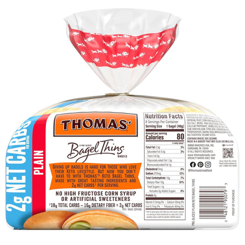 THOMAS' 8 count, (1.63 oz 13 oz Keto Plain Bagel Thins, each), Bagels, Bag