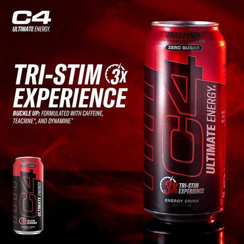 C4 300mg 16oz (Pack 12) Ultimate Zero Sugar Energy Drink, Tri-Stim Experience with Caffeine + TeaCrine + Dynamine