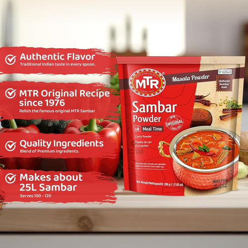 200g MTR Sambar Ready Mix Authentic Indian Curry Powder Blend of Turmeric, Red Chili, Fenugreek & Asafoetida Great