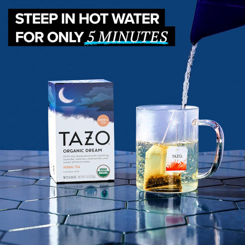 96 (16ct Pack 6) TAZO Organic DREAM Herbal Tea Bags, Caffeine-Free Bedtime Tea, Relaxing Chamomile and Lavender Blend