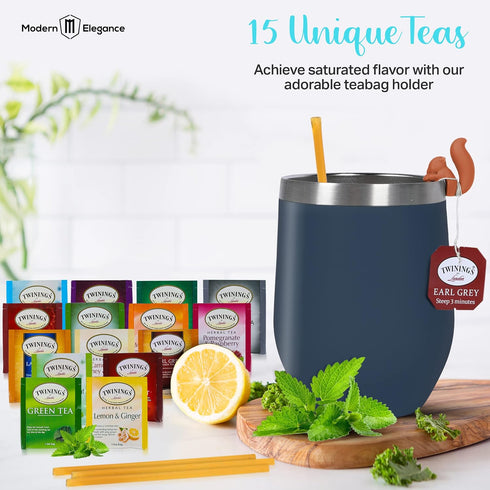 15 Tea Gifts for Women Sampler Gift Basket with Unique Blends, Honey Sticks, Stainless Tumbler & Gift-Ready Box