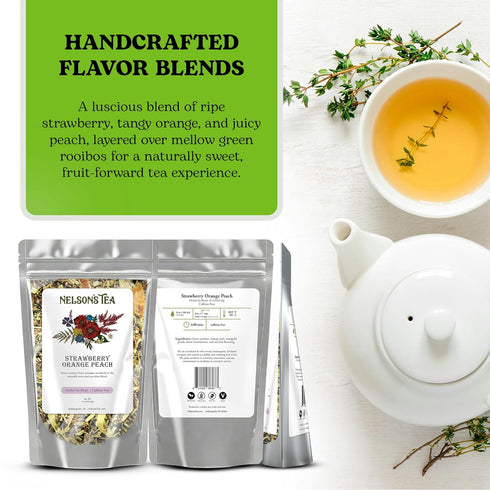 (16 oz) Nelson's Tea Strawberry Orange Peach - Caffeine Free Herbal Rooibos Loose Leaf Tea - Irresistable Blend
