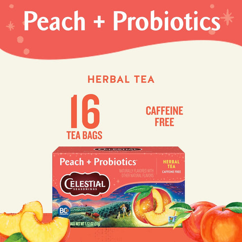 16 (Pack 6) Celestial Seasonings Peach + Probiotics Herbal Tea, Caffeine Free, Tea Bags Box