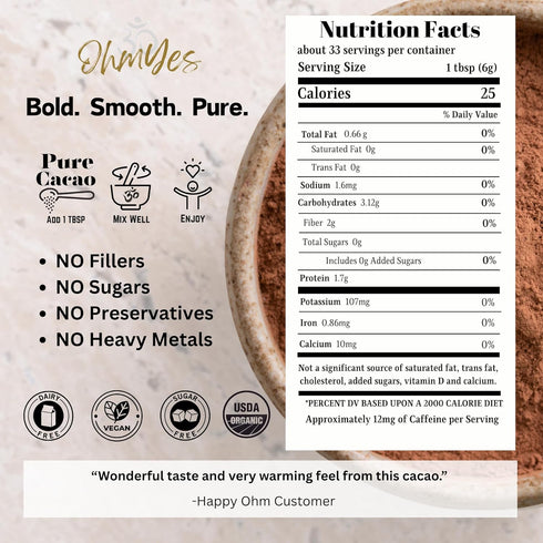 (33 Pure Raw Organic Cacao Powder | Premium Ceremonial Grade Cacao | Natural Source of Flavanols, Magnesium, Iron