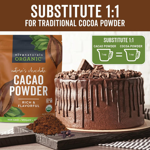 Viva Naturals 2lb Organic Cacao Powder, Unsweetened Cocoa Powder for Baking & Smoothies