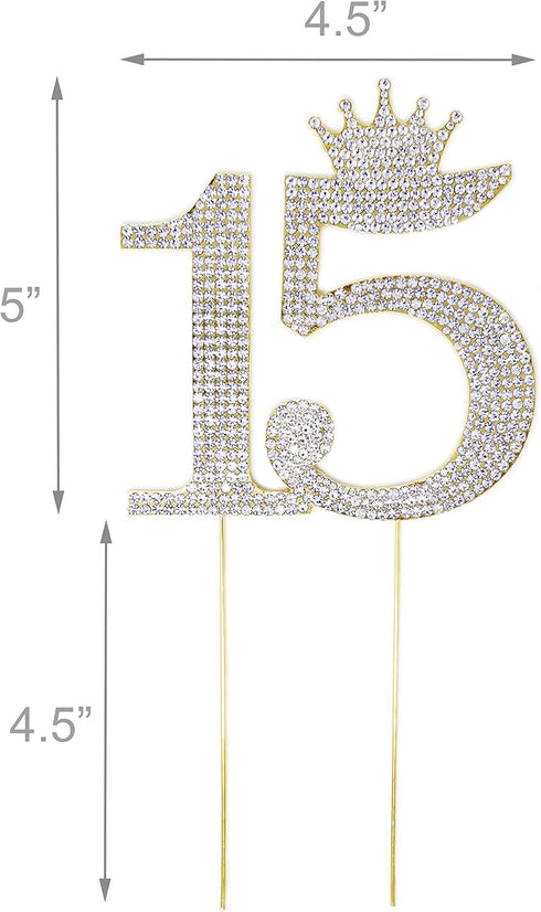 Number 15 Quinceanera Rhinestone Princess Crown Monogram Cake Topper, Sweet 15th Birthday Party (Gold)