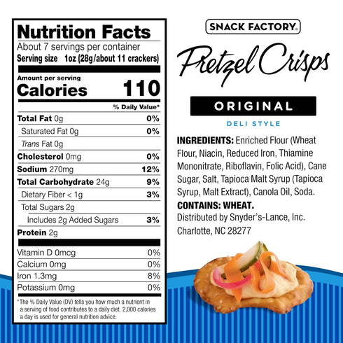 7.2 oz Snack Factory Original Pretzel Crisps, Non-GMO, Resealable Bag