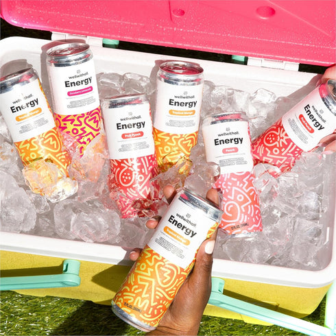 Pack, 12 oz, 12-Pack WellWithAll Energy Drink Variety Strawberry Lemonade, Fruit Punch, Tropical Mango, Peach Flavors