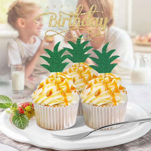 48PCS Pineapple Cupcake Donut Cake Toppers, Cute Picks for Summer Tropical Hawaiian Party Cake Decorations
